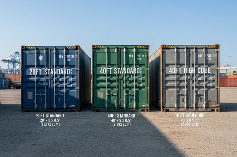 Container Sizes Explained: 20ft vs 40ft vs High Cube comparison showing standard and high cube shipping containers side by side.