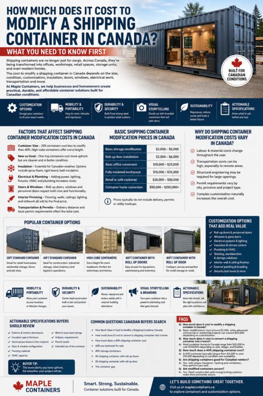Modified shipping container in Canada with custom doors, insulation, windows, and interior finishing for residential and commercial use.