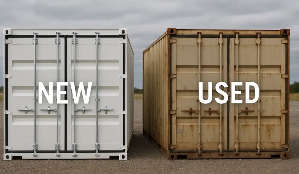 New vs Used Containers Which Is Right for You Canada showing a side-by-side comparison of new and used shipping containers