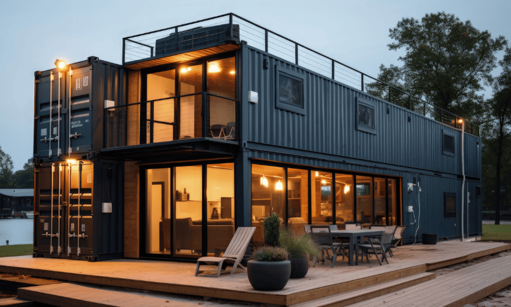 Modern shipping container conversion project in Canada designed for residential and commercial use in all seasons.